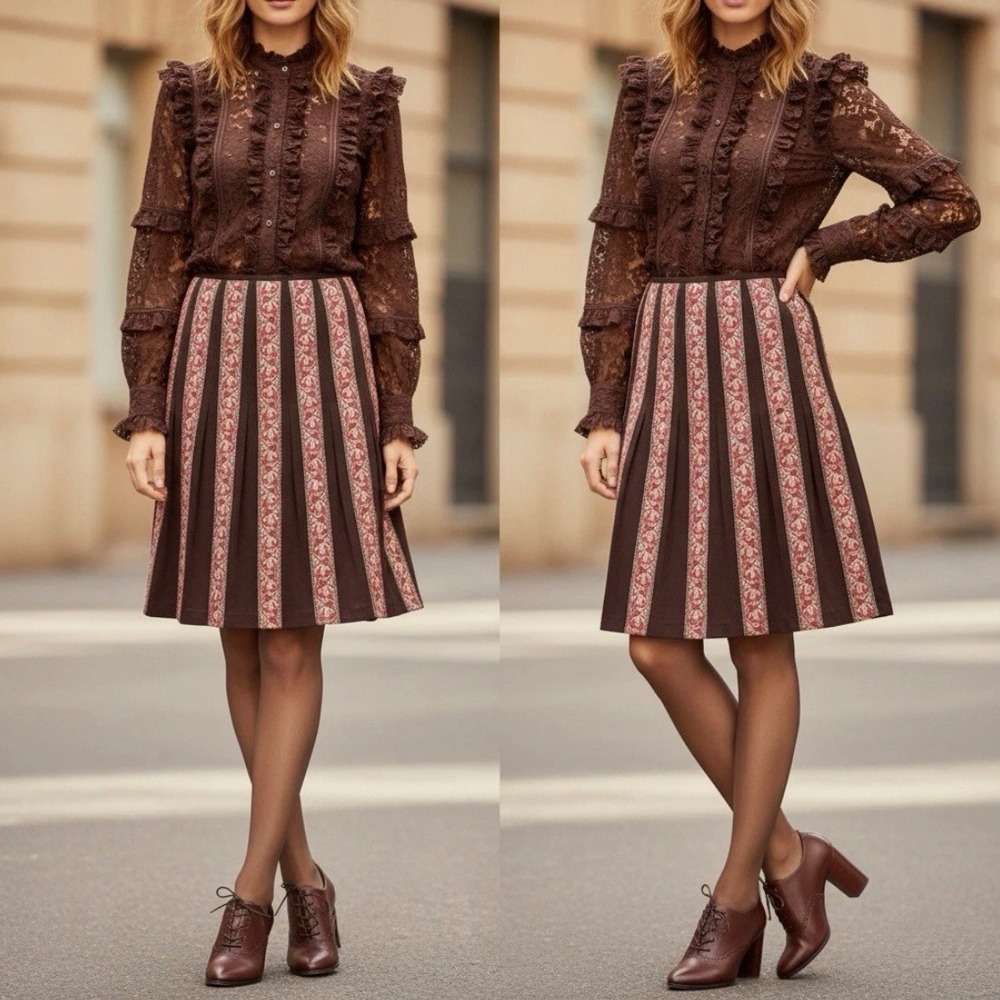 ANN TAYLOR LOFT Brown Silk‎ A-Line Midi Skirt Floral Embroidery Size 10